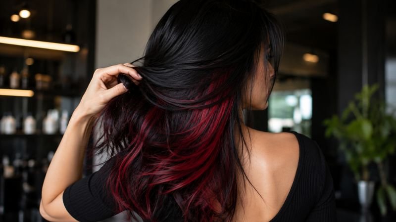25 Black and Red Hair Streaks Ideas for a Bold New Look Hidden red peekaboo highlights under black hair