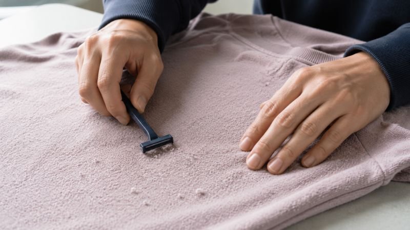 How to Remove Pilling from Clothes Without Damaging Fabric Ultra-realistic horizontal 16:9 luxury lifestyle photograph of a person gently removing pills from a beige cashmere sweater using a fine fabric comb. Elegant bedroom wardrobe setting, premium fashion aesthetic, soft natural lighting, detailed cashmere fibers, sophisticated clothing care scene, no text, no logo, no watermark.