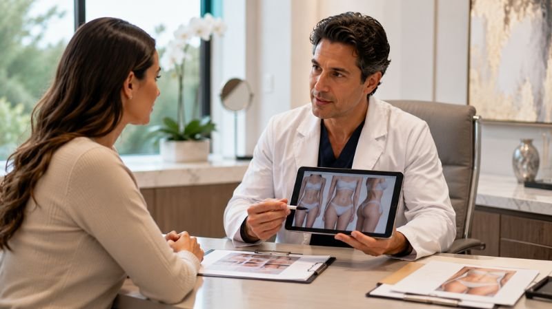 Board-certified cosmetic surgeon explaining body contouring options to a patient.