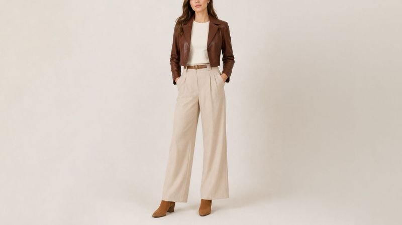 Make Every Outfit Count With a Brown Leather Jacket for Women Woman wearing a brown leather jacket with cream wide-leg trousers, a neutral top, and brown ankle boots.