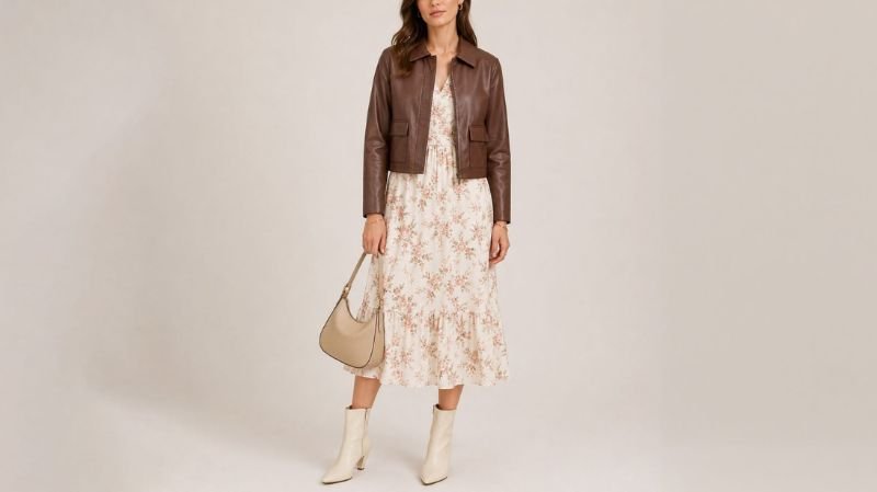 Make Every Outfit Count With a Brown Leather Jacket for Women Woman wearing a brown leather jacket over a floral midi dress with white ankle boots and a beige handbag.