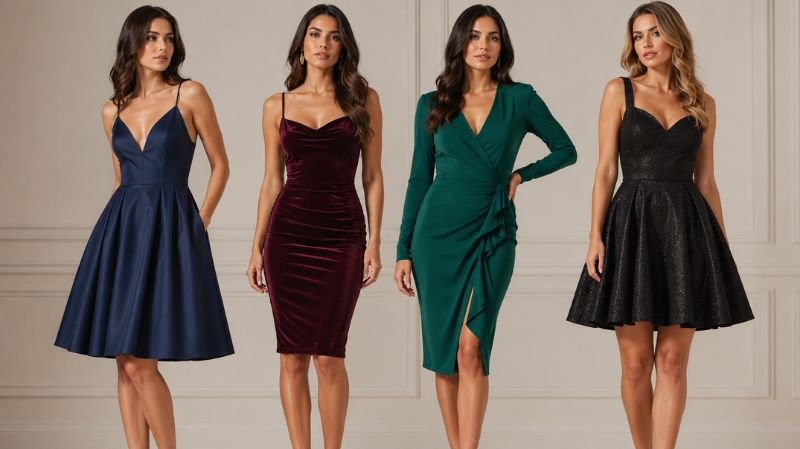 How to Choose the Perfect Party Dress for Any Occasion Women wearing flattering A-line, bodycon, wrap, and fit-and-flare party dresses