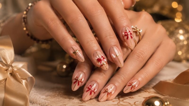 Christmas bow nail designs inspired by luxury gift wrapping trends
