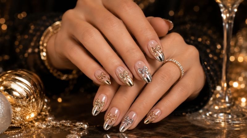 Chrome bow Christmas nails with metallic luxury holiday manicure style
