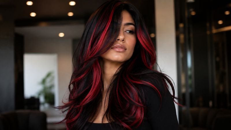 25 Black and Red Hair Streaks Ideas for a Bold New Look Black hair with bright red streak highlights