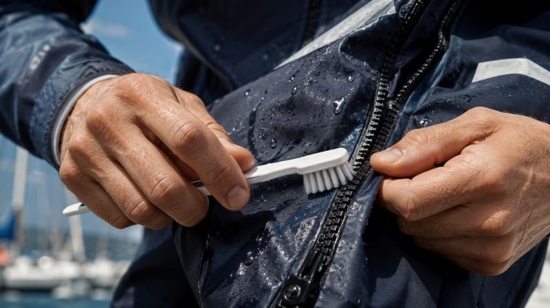 Close-up of sailor cleaning a marine jacket zipper with a soft brush.