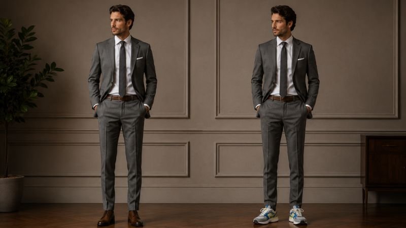 What Shoes to Wear With a Grey Suit for Every Occasion Examples of correct and incorrect shoe choices with a grey suit