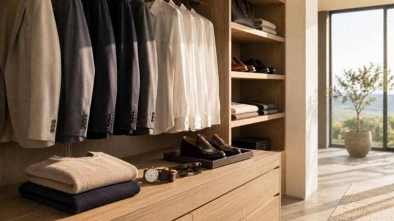 Beyond the Tint: The Best Investment for Your Wardrobe is Premium Eyewear Minimal capsule wardrobe featuring premium sunglasses, tailored clothing, leather shoes, and timeless accessories.