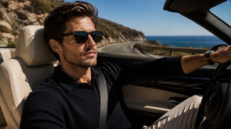 Beyond the Tint: The Best Investment for Your Wardrobe is Premium Eyewear Driver wearing polarized sunglasses with clear vision on a bright sunny road.
