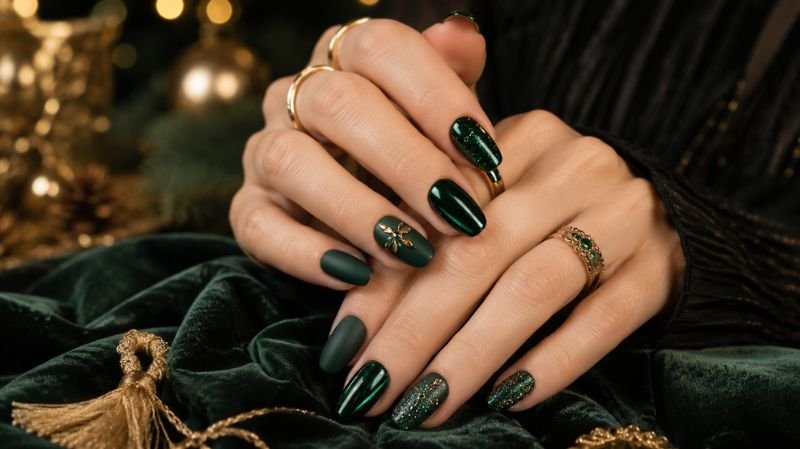 Emerald green Christmas nails with luxury winter manicure styling