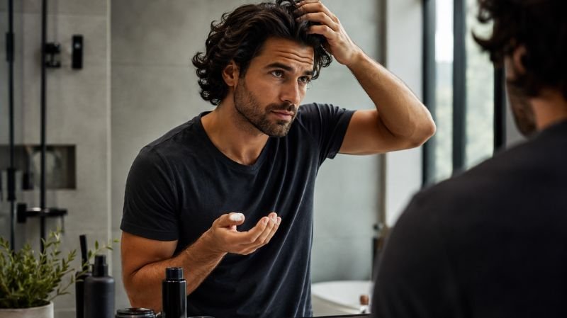 Men styling wavy hair with grooming products