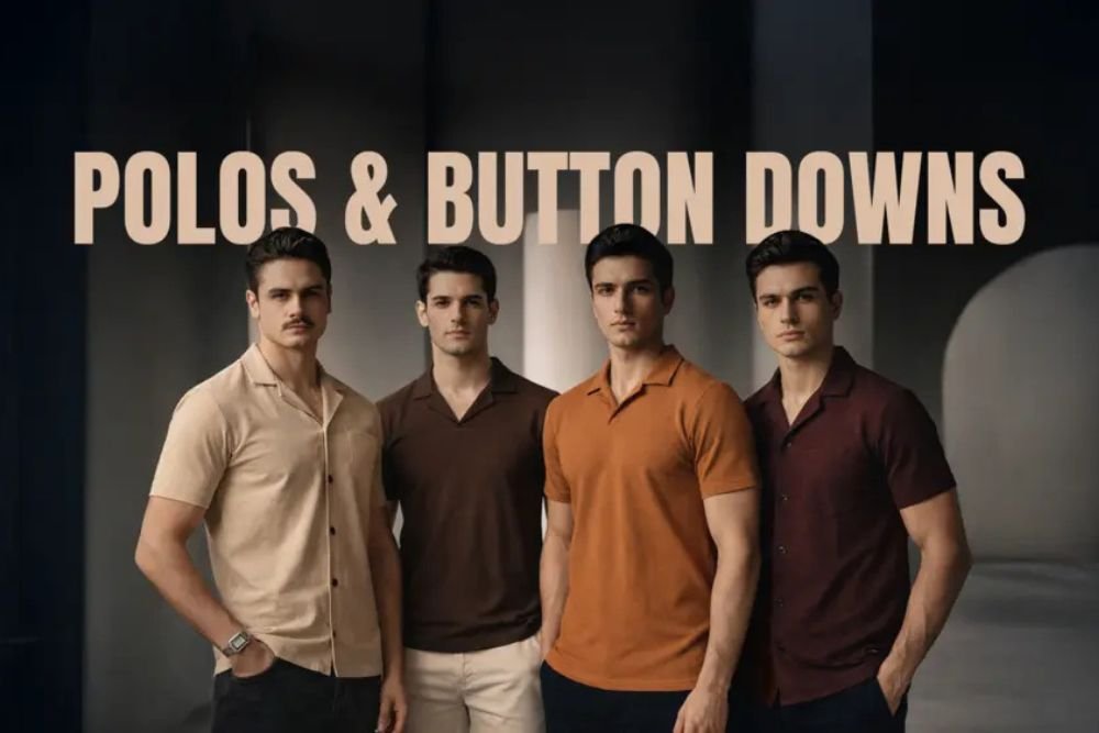 From Casual to Smart: How Wearium's Latest Shirts Collection Can Upgrade Any Outfit? Four men model stylish Wearium polo shirts and short-sleeve button-down shirts in neutral and earthy tones for versatile casual and smart outfits.
