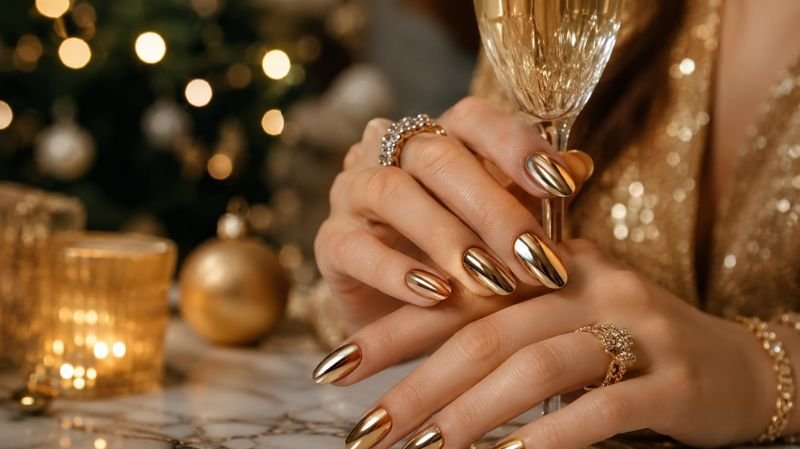 Gold chrome Christmas nails with metallic holiday manicure finish