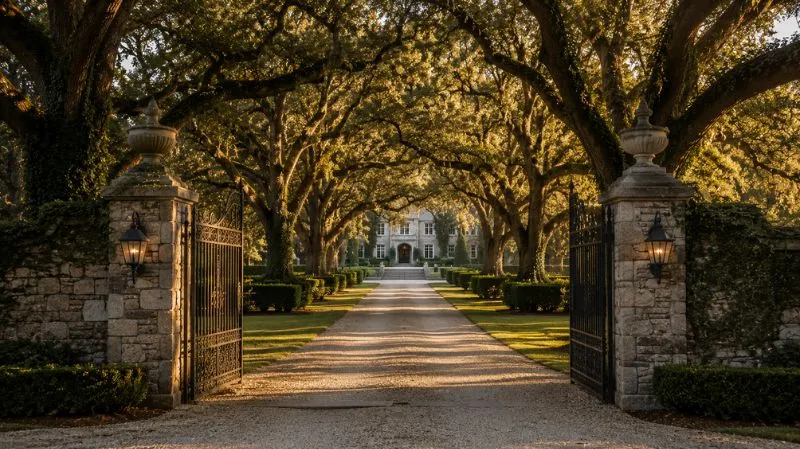 6 Visual Elements Defining Luxury Historic Wedding Properties Tree-lined driveway leading to a luxury historic wedding estate entrance