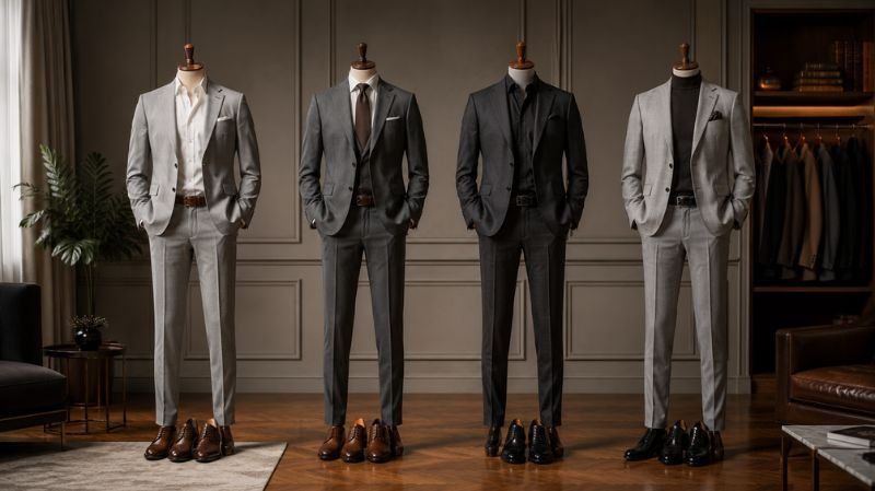 What Shoes to Wear With a Grey Suit for Every Occasion Different grey suit outfit combinations with matching shoes
