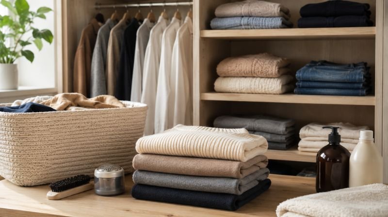 How to Remove Pilling from Clothes Without Damaging Fabric Clothing care routine with folded sweaters and gentle laundry methods