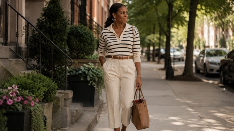 Michelle Obama’s Pigtails & Capri Pants: Fashion or Trend? Woman styling modern capri pants outfit with sweater, accessories, and elegant footwear
