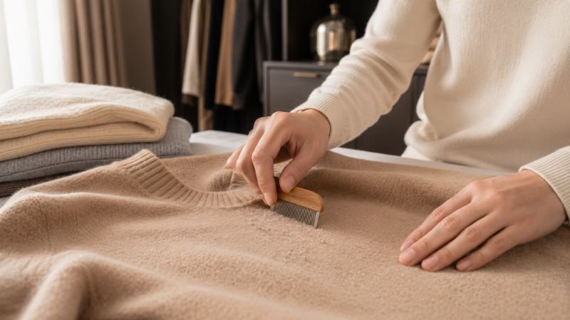 How to Remove Pilling from Clothes Without Damaging Fabric Luxury cashmere sweater being gently cleaned with a fabric comb
