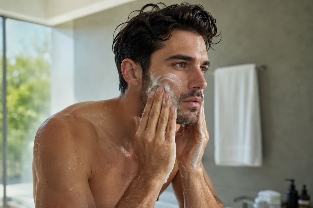 Man cleansing his face with an antioxidant facial cleanser in a modern bathroom to protect skin from pollution and environmental damage.