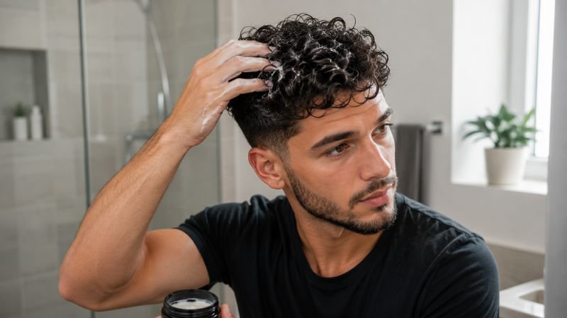 Short Curly Hair Guys: 15 Best Haircuts & Styles for Men Man applying curl cream to short curly hair