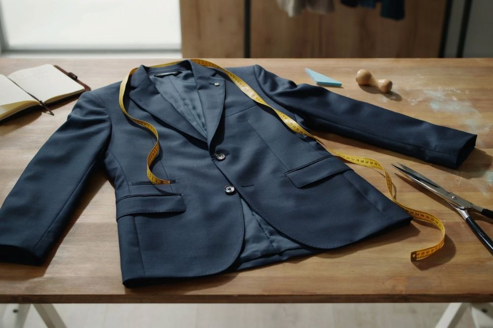 How to measure for a suit jacket using a measuring tape on a navy suit jacket