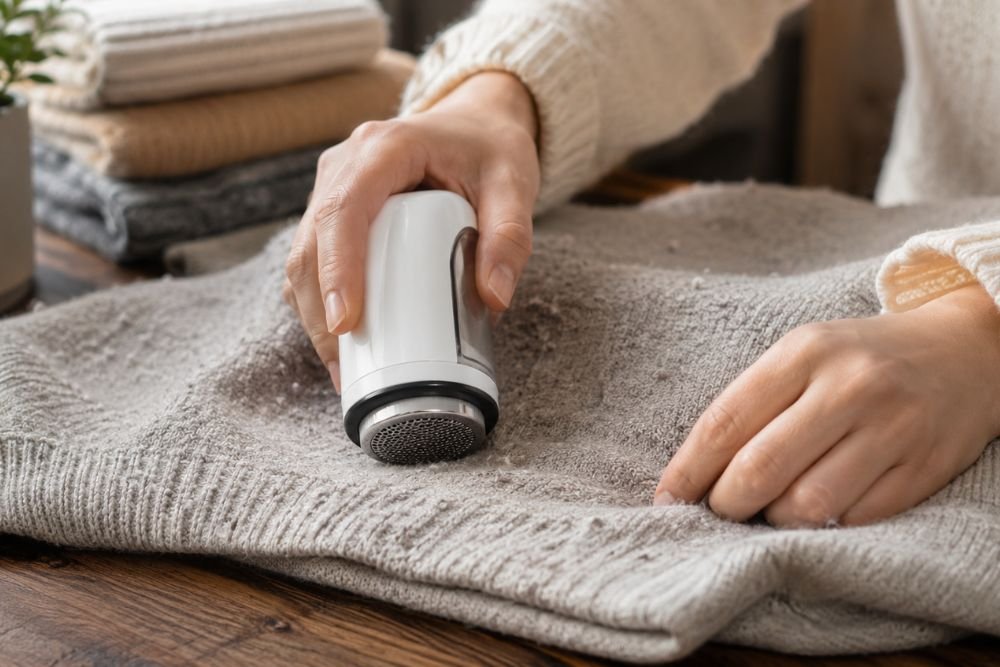 How to Remove Pilling from Clothes Without Damaging Fabric Woman remove pilling from a sweater using a fabric shaver at home