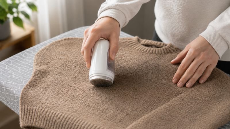 How to Remove Pilling from Clothes Without Damaging Fabric Person using an electric fabric shaver on a sweater placed flat on a table