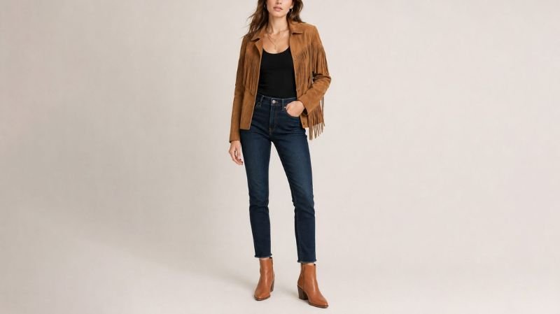 Make Every Outfit Count With a Brown Leather Jacket for Women Woman wearing a brown fringe leather jacket with a black tank top, dark blue skinny jeans, and brown ankle boots for a casual chic outfit.