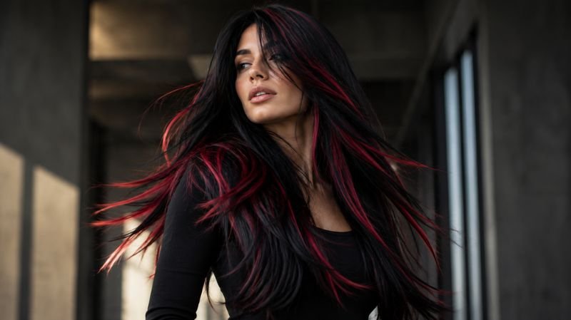 25 Black and Red Hair Streaks Ideas for a Bold New Look Long black hair with red streaks and layers