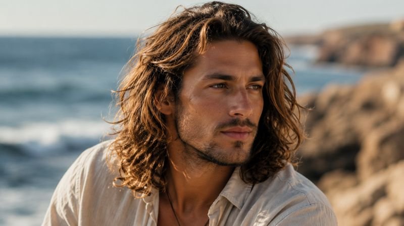 Long surfer hairstyle with natural waves for men