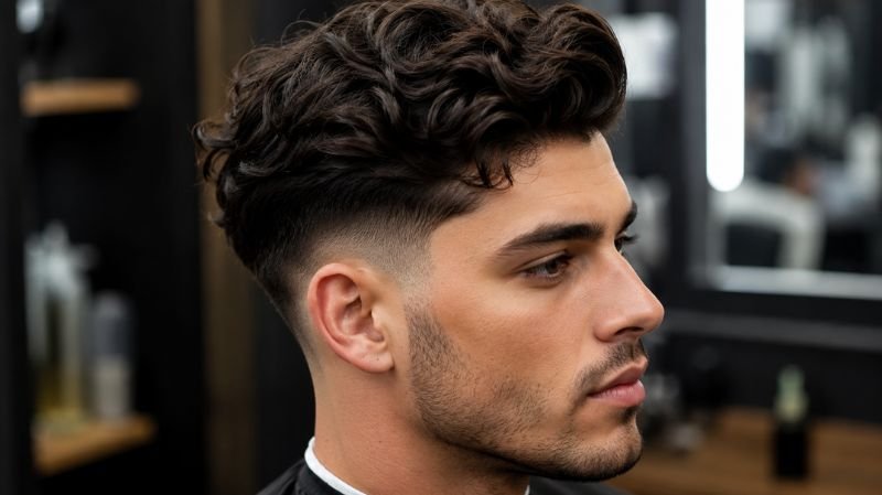 Low taper fade with wavy hair on top