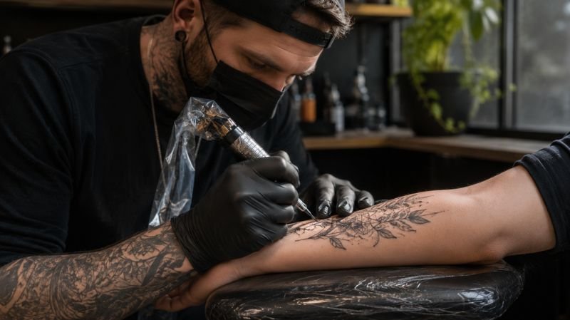 Professional tattoo artist performing a fine line tattoo touch-up