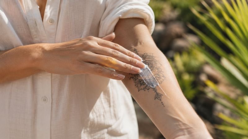 Person applying sunscreen over healed fine line tattoo outdoors