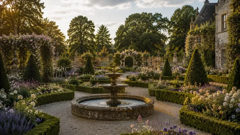 6 Visual Elements Defining Luxury Historic Wedding Properties Historic estate garden with flowering courtyard and stone fountain