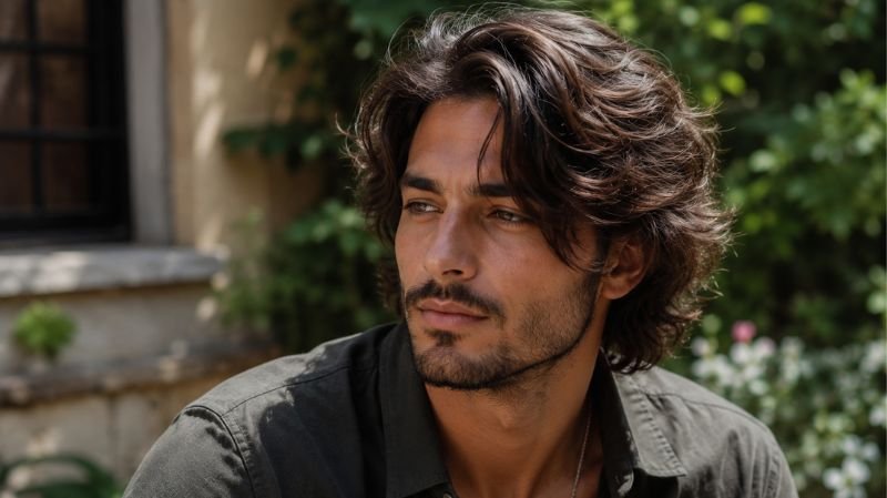 Medium length layered haircut for wavy hair men