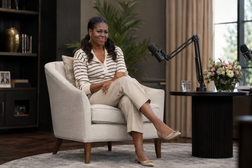 Michelle Obama’s Pigtails & Capri Pants: Fashion or Trend? Michelle Obama-inspired fashion look featuring cropped capri pants, striped knitwear, and elegant pigtail hairstyle