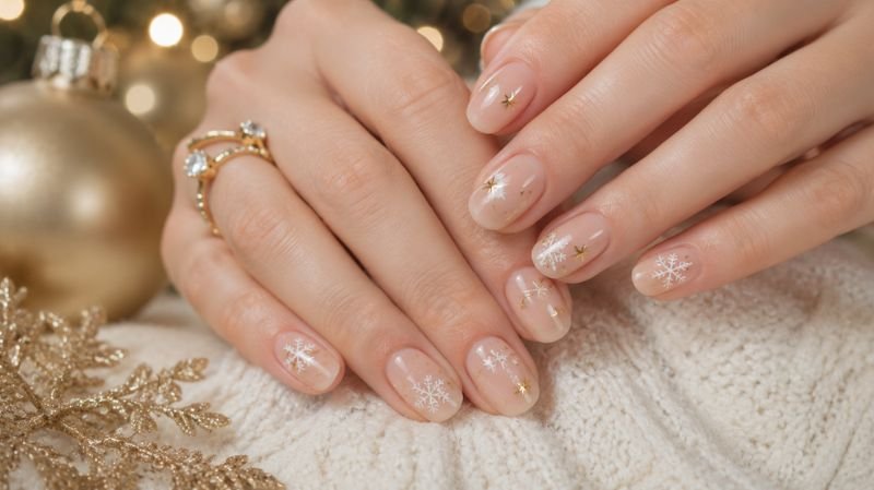 Minimalist nude Christmas nails with subtle holiday nail art