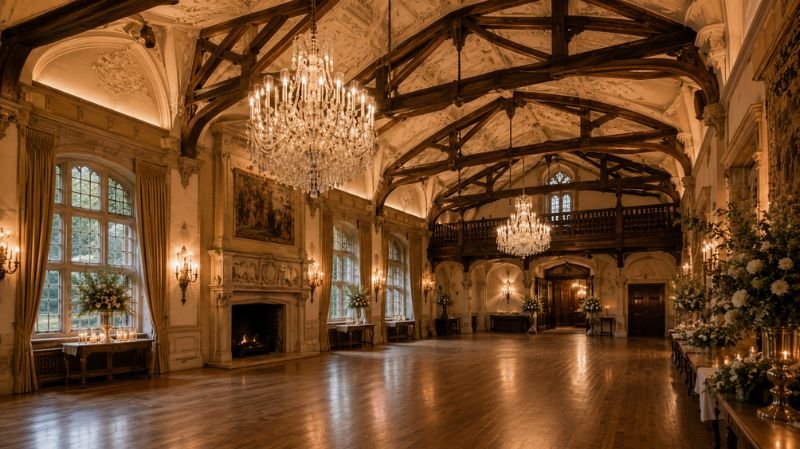 6 Visual Elements Defining Luxury Historic Wedding Properties Historic wedding hall with ornate ceilings and crystal chandeliers