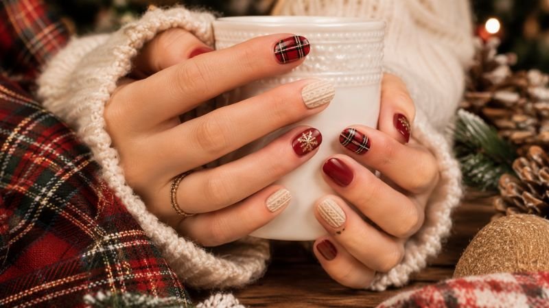 Plaid Christmas nails inspired by winter sweaters and holiday fashion