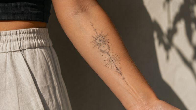 Well-healed fine line tattoo maintaining crisp black details over time