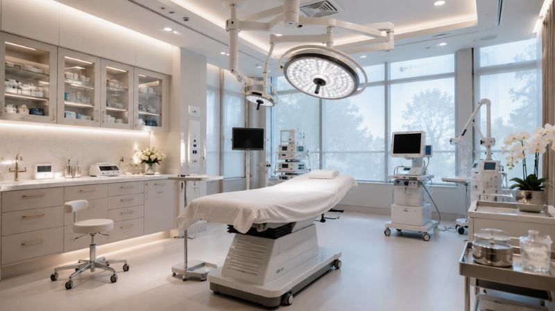 Modern surgical treatment room with advanced medical equipment and spotless surroundings.