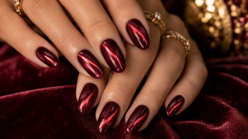 Red velvet Christmas nails with luxurious cat eye finish for holiday parties