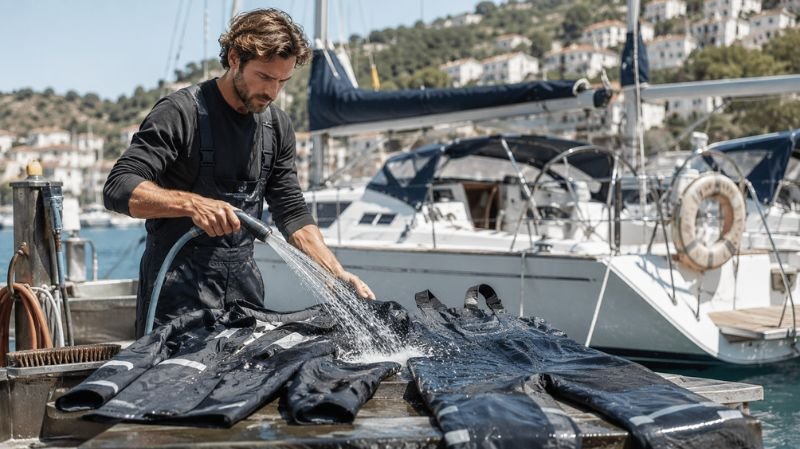 Person rinsing waterproof sailing jacket with fresh water to remove salt after a day on the ocean.