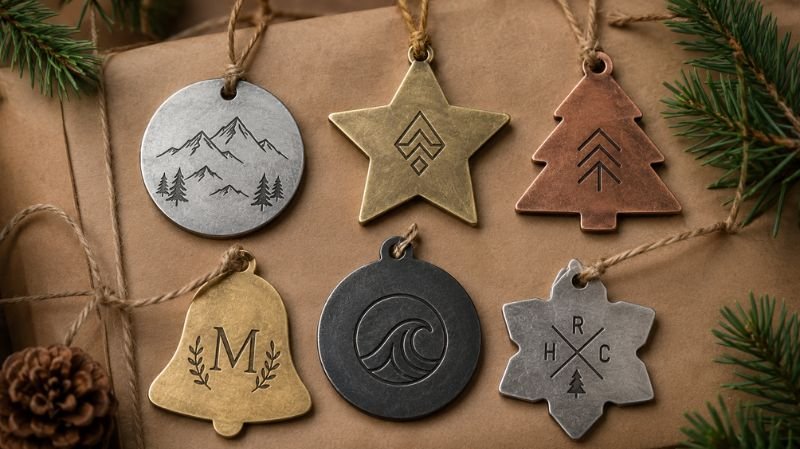 Collection of personalized metal Christmas ornaments in various shapes with engraved designs and initials.