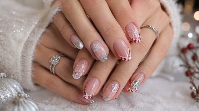 Snowflake and candy cane Christmas nail designs with winter manicure details