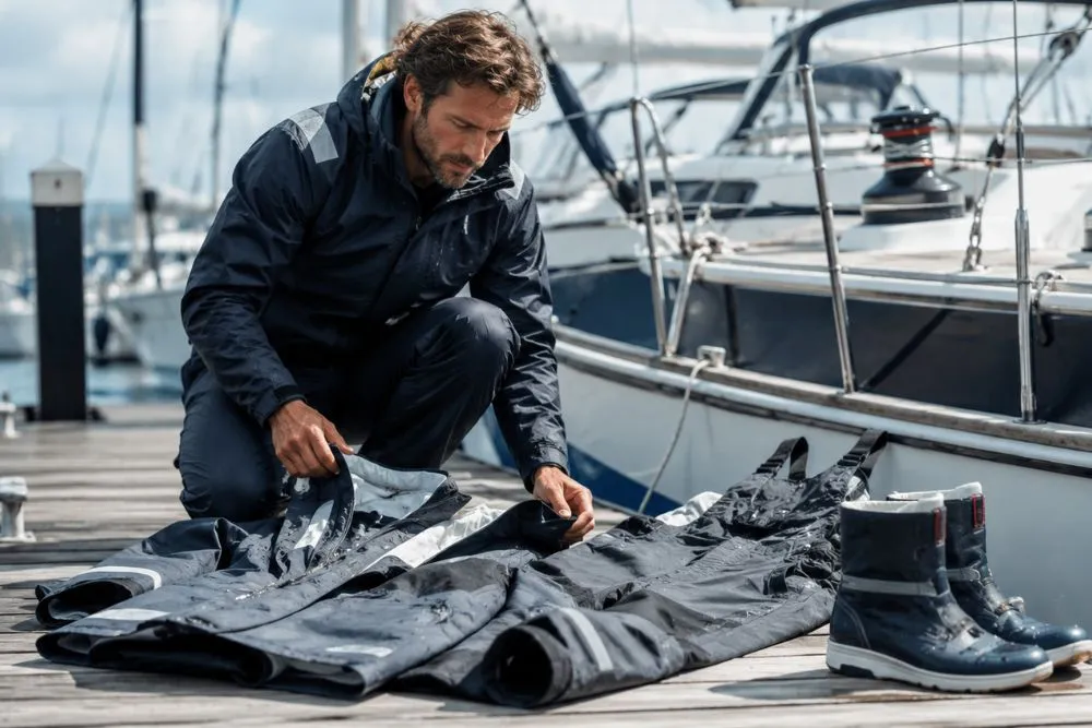 Step-by-Step Guide to Maintaining Quality Sailing Gear Sailor inspecting and maintaining waterproof sailing gear on a marina dock before a sailing trip.