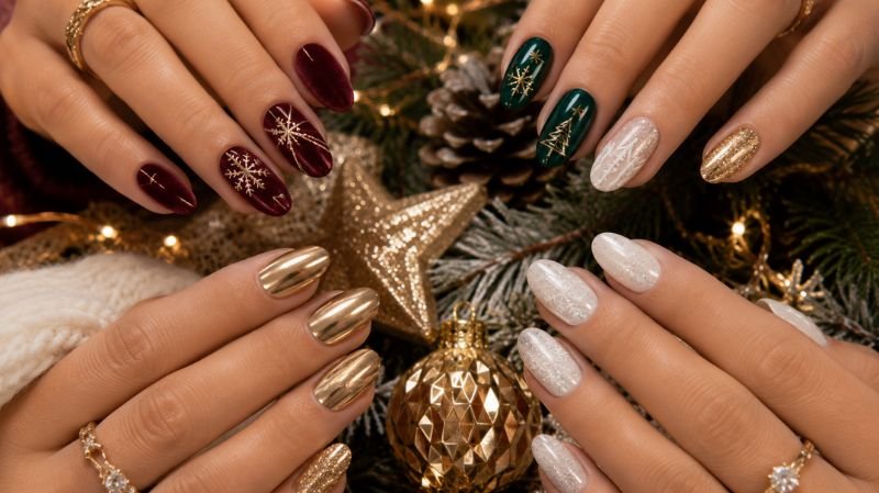 Christmas colours for nails featuring red green gold and white festive manicure inspiration
