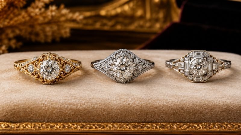 Vintage inspired diamond engagement rings featuring Victorian Edwardian and Art Deco styles