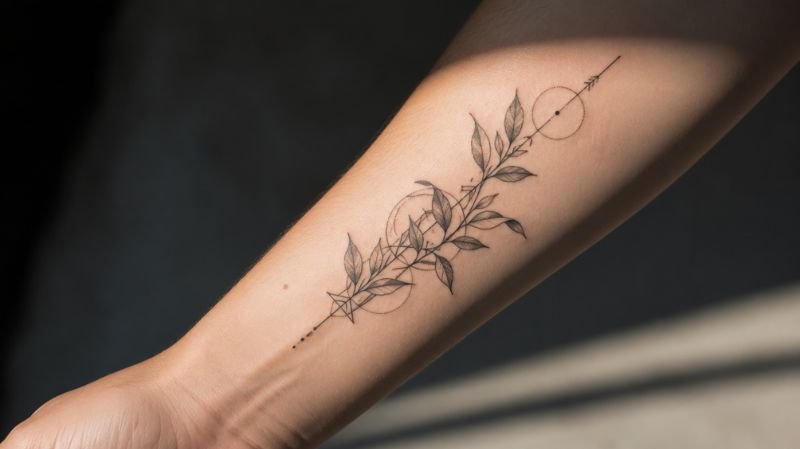 Minimalist black fine line tattoo with clean intricate geometric details