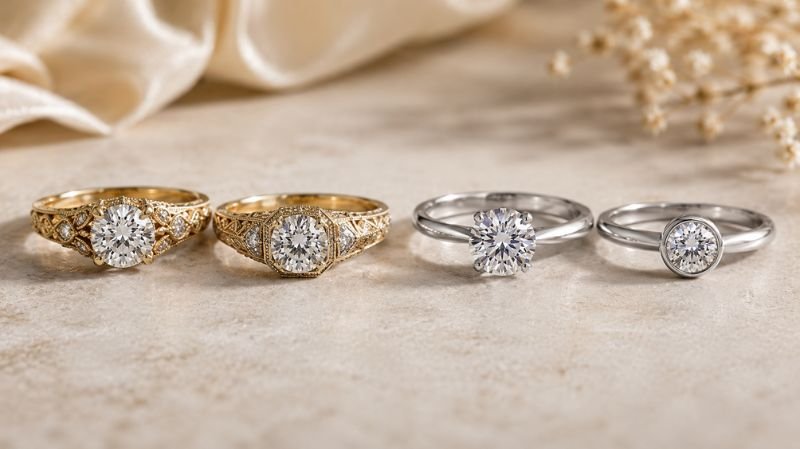 Vintage and modern engagement ring styles with different design details